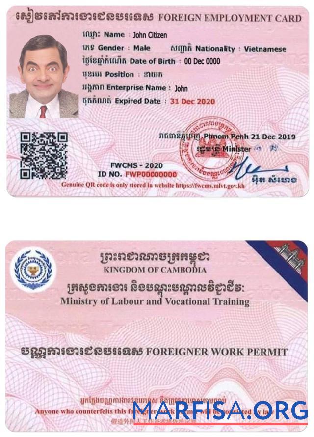 Printable Cambodia work permit real example